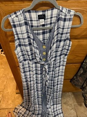 Vintage Blue and White Plaid Tie-Front Sleeveless Dress
